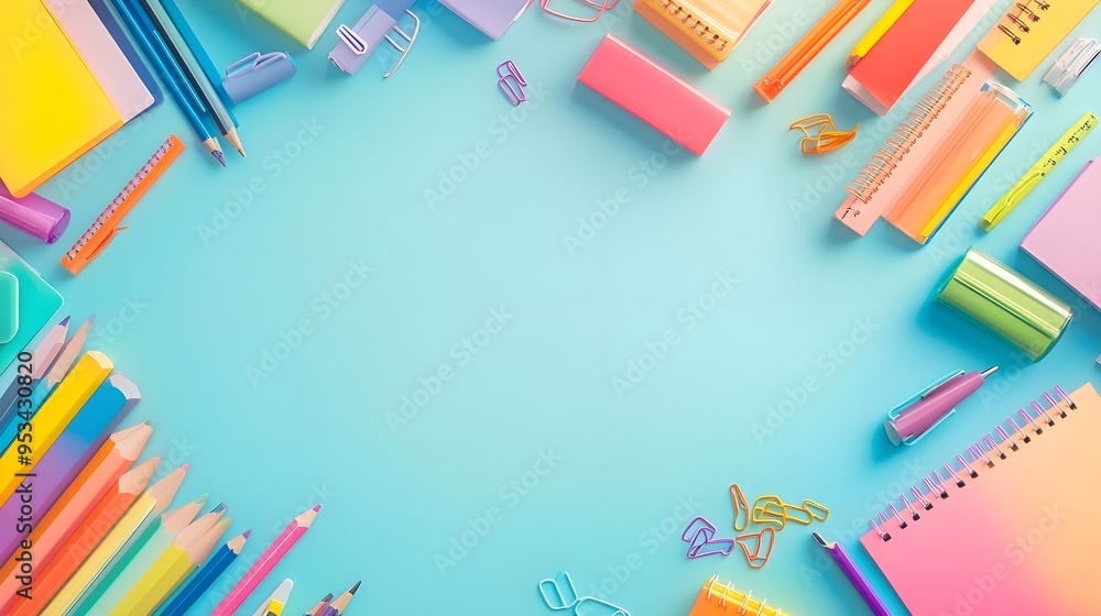 Fototapeta premium Colorful School Supplies on Blue Background - Back to School