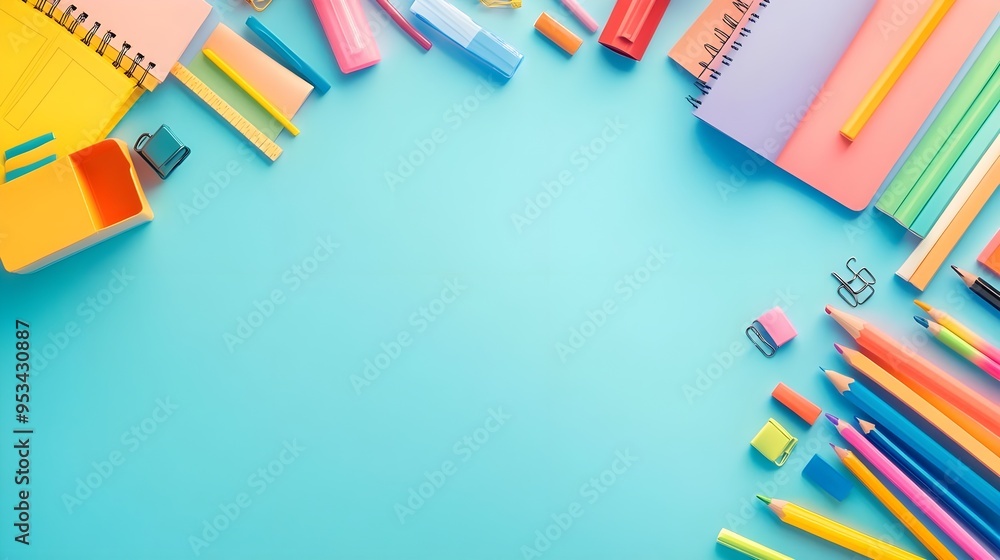 Fototapeta premium Colorful School Supplies on Blue Background