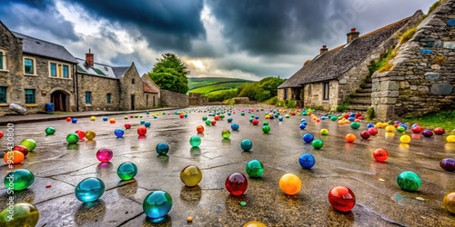 Vibrant colored marbles scattered on a worn stone floor in a traditional Irish village, surrounded by ancient stone walls and overcast skies. photo