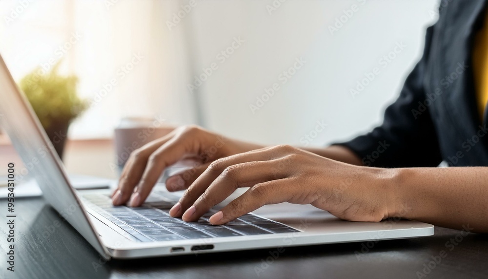 Online Work and Learning: Woman's Hand Typing on Laptop Keyboard at Home Office Online Work and Learning: Woman's Hand Typing on Laptop Keyboard at Home Office