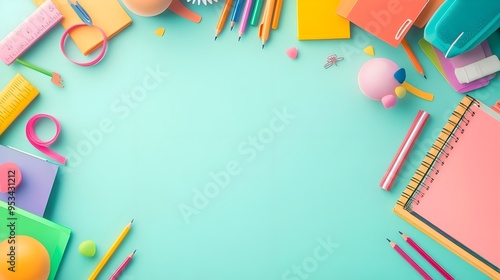 Colorful School Supplies on Mint Background - Back to School