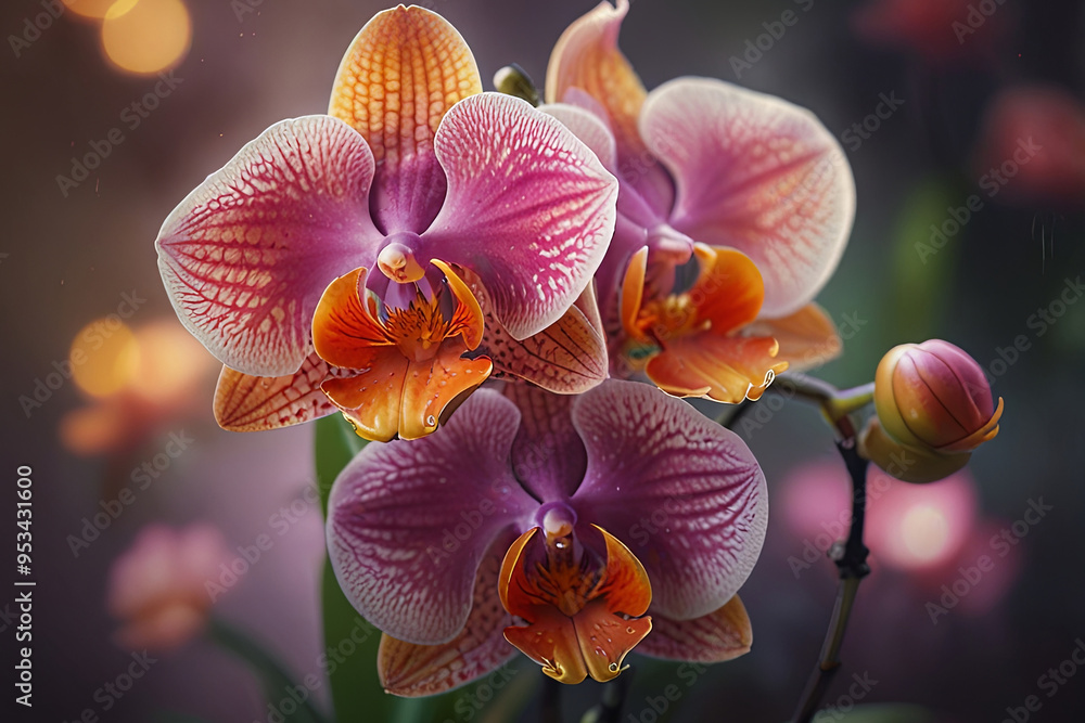 Vibrant Portrait of Pink and Orange Orchid Blossoms with Glowing Lights in Dreamy, Ethereal Background Vibrant Portrait of Pink and Orange Orchid Blossoms with Glowing Lights in Dreamy, Ethereal Background