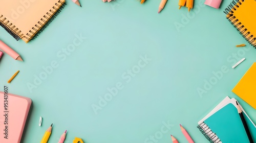 Colorful School Supplies on Turquoise Background