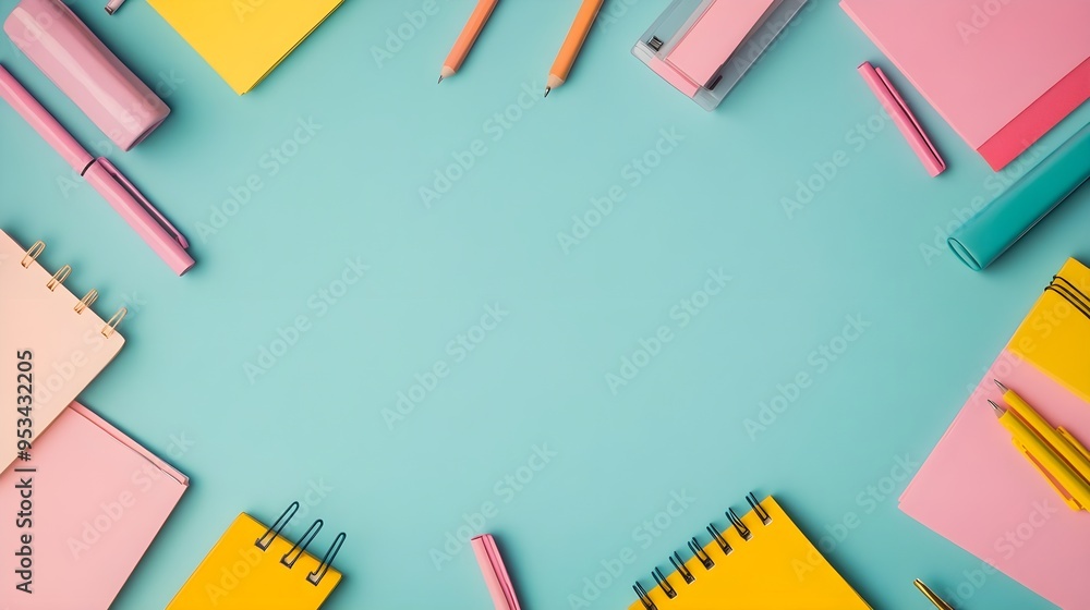 Colorful Stationery Flat Lay, Blue Background, Copy Space Colorful Stationery Flat Lay, Blue Background, Copy Space