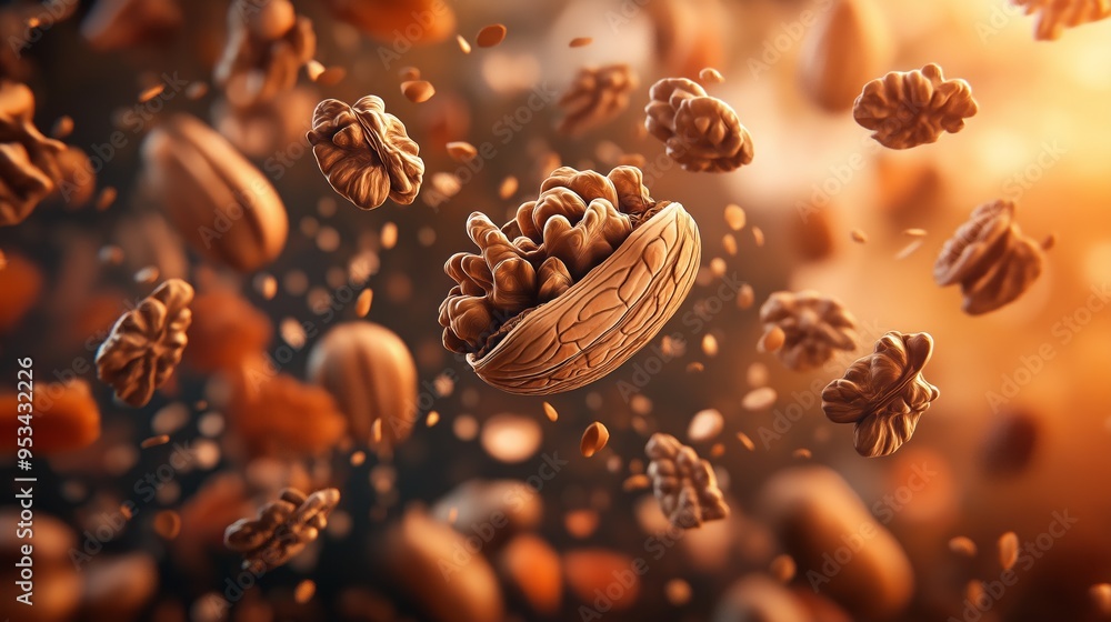 Peanuts floating in the air with a blurred background, conveying motion and abundance. Peanuts floating in the air with a blurred background, conveying motion and abundance.