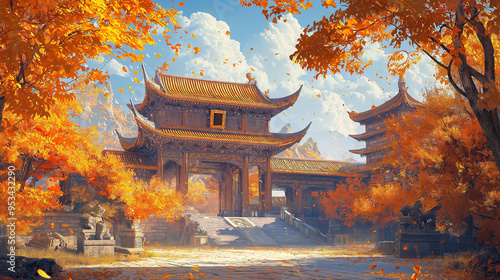 beautiful Chinese ancient classical architecture in golden autumn with enough sunshine, scene for online game concept design photo