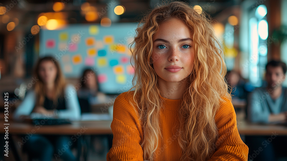 Confident Young Woman at Work, Looking at Whiteboard with Ideas Confident Young Woman at Work, Looking at Whiteboard with Ideas