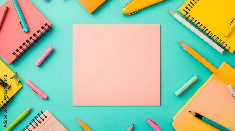 Colorful Stationery Flat Lay on Mint Background with Copy Space Colorful Stationery Flat Lay on Mint Background with Copy Space