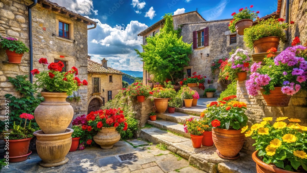 Naklejka premium Vibrant colorful flowers spill from ancient stone vases in a picturesque Italian village, surrounded by rustic stone buildings, vines, and lush greenery under a bright blue sky.