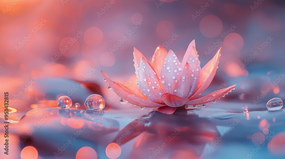 Lotus flower blooming on tranquil water at golden hour. Serene nature scene with reflection. Lotus flower blooming on tranquil water at golden hour. Serene nature scene with reflection.