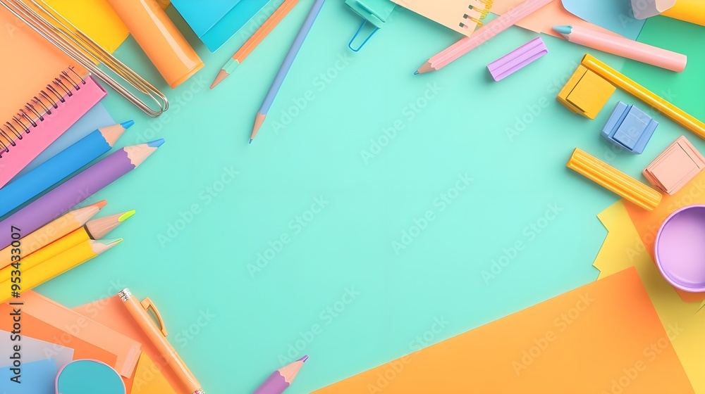 Fototapeta premium Colorful Stationery Flat Lay with Copy Space