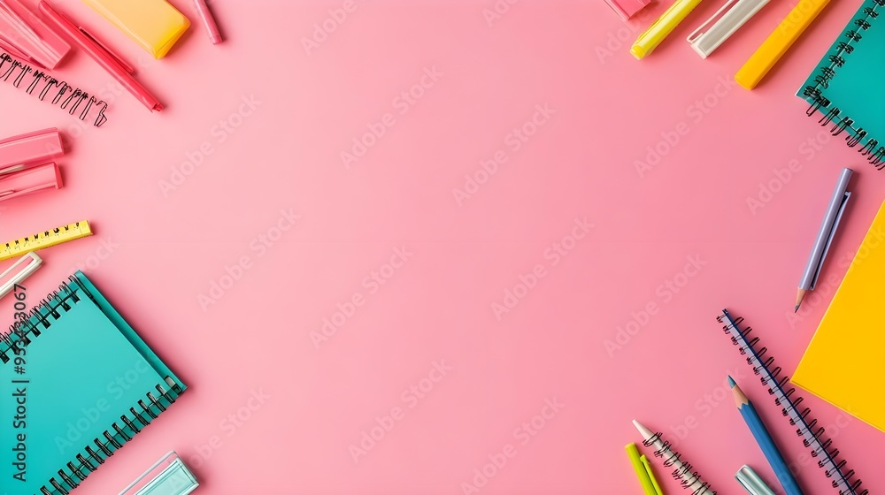 Fototapeta premium Colorful Stationery Flatlay with Copy Space for Back to School