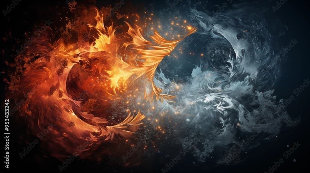 Yin and Yang symbol in fire and ice with smoke and spark effect. Yin and Yang symbol in fire and ice with smoke and spark effect.