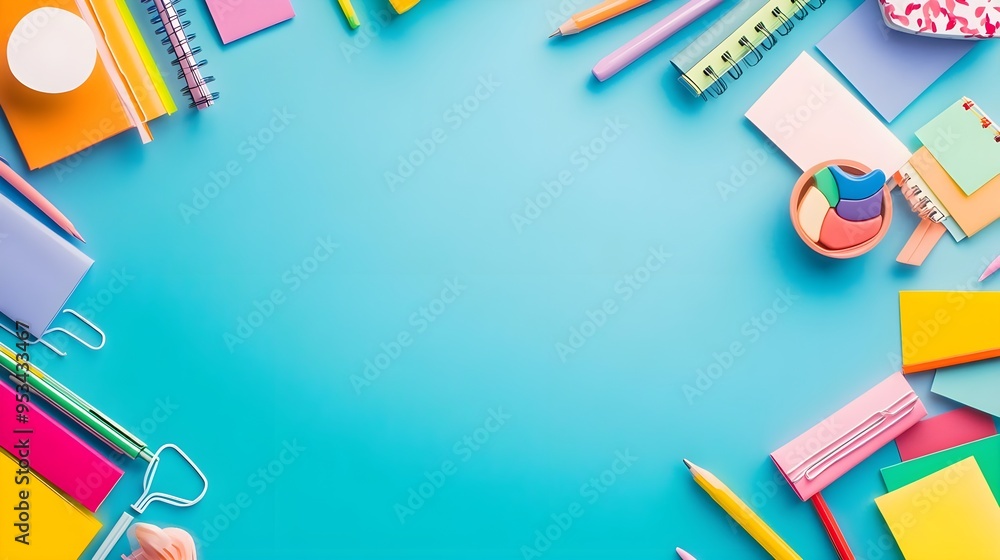 Colorful Stationery on Blue Background - Back to School Colorful Stationery on Blue Background - Back to School