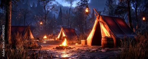 A group of survivors huddled in a post-apocalyptic makeshift camp, with tents, campfires, and a sense of camaraderie, resilient, campfire tales, survivors' refuge, shared hardships, moments photo