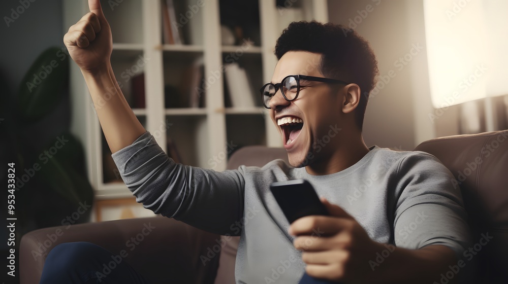 © Banstanks - young man wearing glasses, expressing joy and excitement while looking at his smartphone.