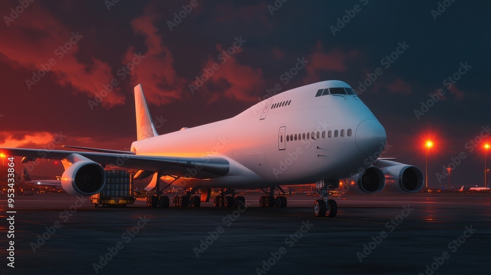 A large commercial airplane is parked on the tarmac during dusk, with a dramatic sky and airport lights illuminating the scene. A large commercial airplane is parked on the tarmac during dusk, with a dramatic sky and airport lights illuminating the scene.