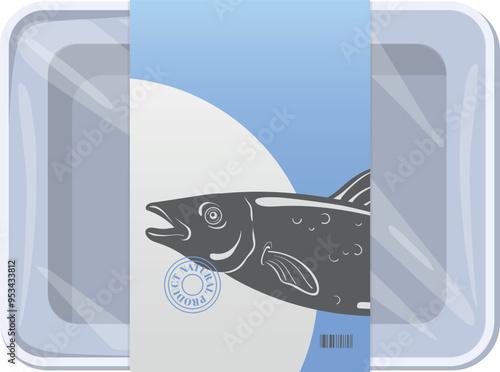 Plastic tray with fish product label. Empty food pack