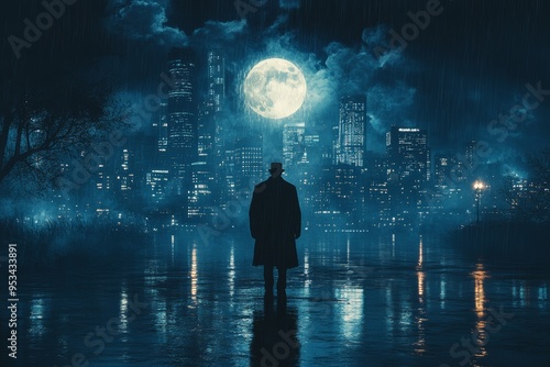 A shadowy detective figure, and a city skyline at night, focusing on intrigue and suspense. Generative AI