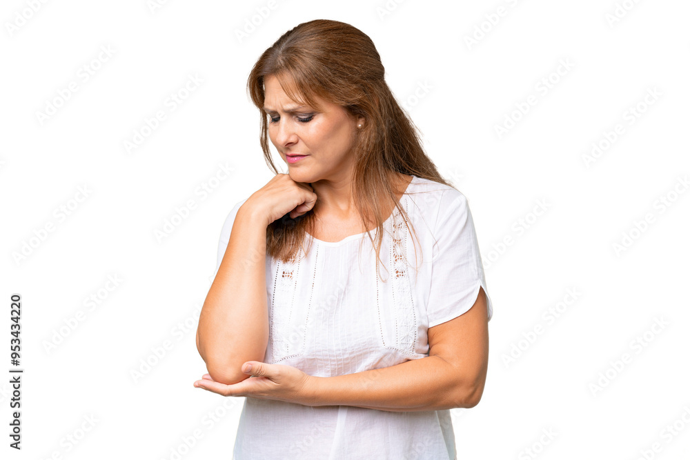 Middle-aged caucasian woman over isolated background with pain in elbow Middle-aged caucasian woman over isolated background with pain in elbow
