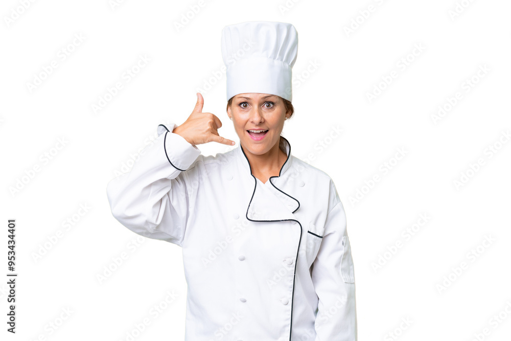 Middle-aged chef woman over isolated background making phone gesture. Call me back sign Middle-aged chef woman over isolated background making phone gesture. Call me back sign