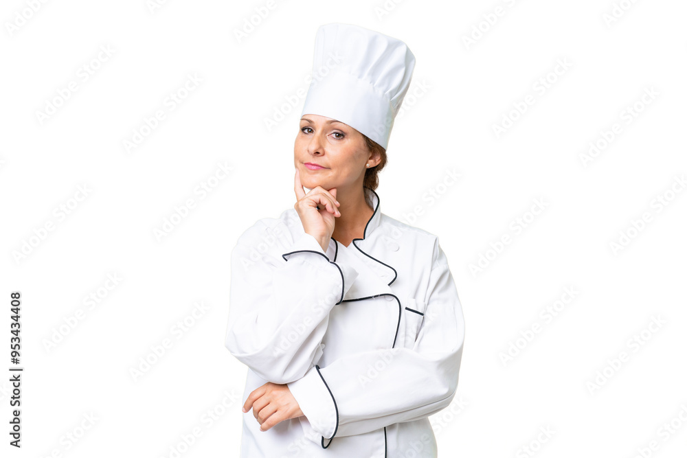 Middle-aged chef woman over isolated background smiling Middle-aged chef woman over isolated background smiling