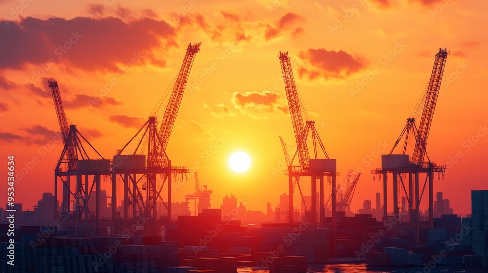 Silhouetted container cranes dominate a bustling port scene at sunset, with vibrant orange and red hues filling the sky. Silhouetted container cranes dominate a bustling port scene at sunset, with vibrant orange and red hues filling the sky.