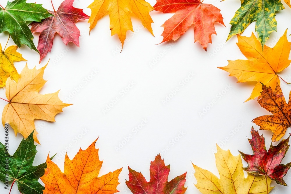 Fototapeta premium Autumn Maple Leaves Flat Lay White Background created with Generative AI