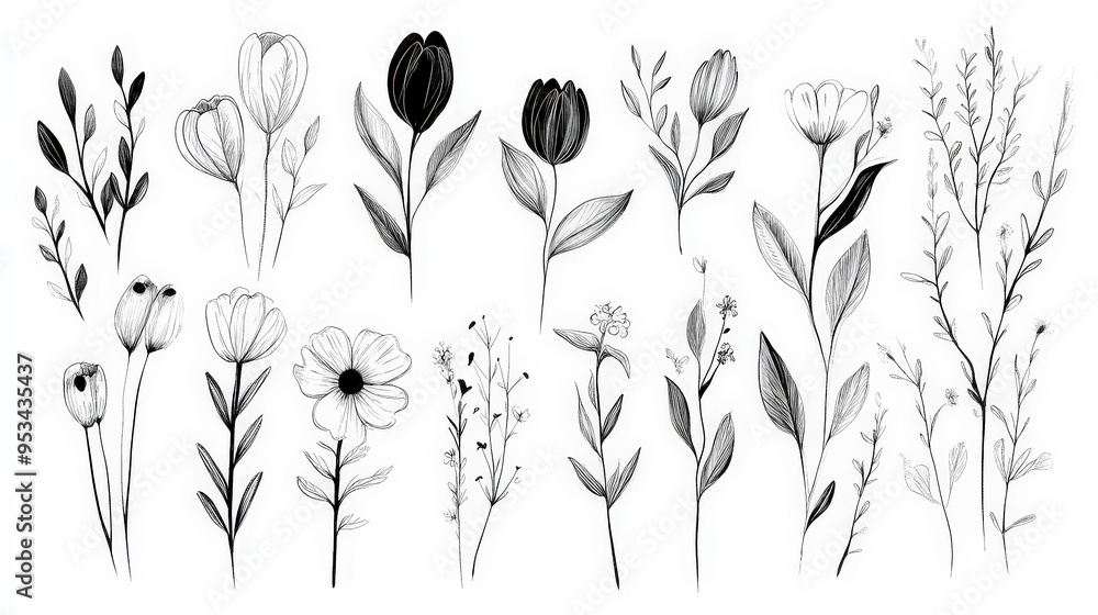 Naklejka premium Trendy set of black silhouettes of flowers on a white background, made with ink, rough brushstrokes. Generative AI