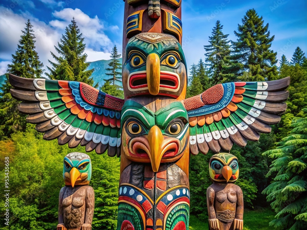 Vibrant colors depict a traditional totem pole featuring intricately carved figures of an eagle, bear, wolf, and salmon, symbolizing unity and coexistence in nature. Vibrant colors depict a traditional totem pole featuring intricately carved figures of an eagle, bear, wolf, and salmon, symbolizing unity and coexistence in nature.