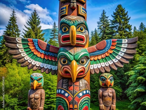 Vibrant colors depict a traditional totem pole featuring intricately carved figures of an eagle, bear, wolf, and salmon, symbolizing unity and coexistence in nature. photo