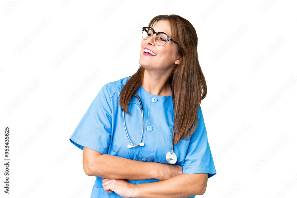 Middle age nurse woman over isolated background happy and smiling Middle age nurse woman over isolated background happy and smiling