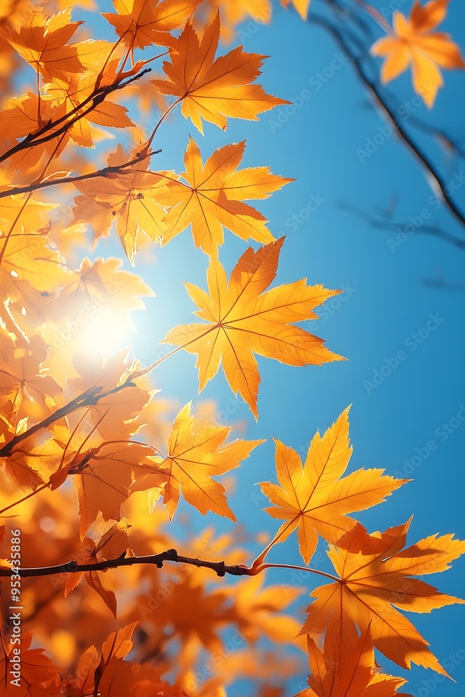 Bright blue sky and glowing yellow maple leaves with sunlight filtering through, watercolor style Bright blue sky and glowing yellow maple leaves with sunlight filtering through, watercolor style