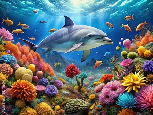 Vibrant coral reef scene featuring a majestic dolphin fish swimming amidst schools of small fish, surrounded by seaweed and colorful ocean anemones. photo