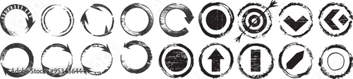 Black isolated collection of charcoal doodle scribbles grunge circle arrows shapes and stamps design elements perfect for creative projects and graphic design s