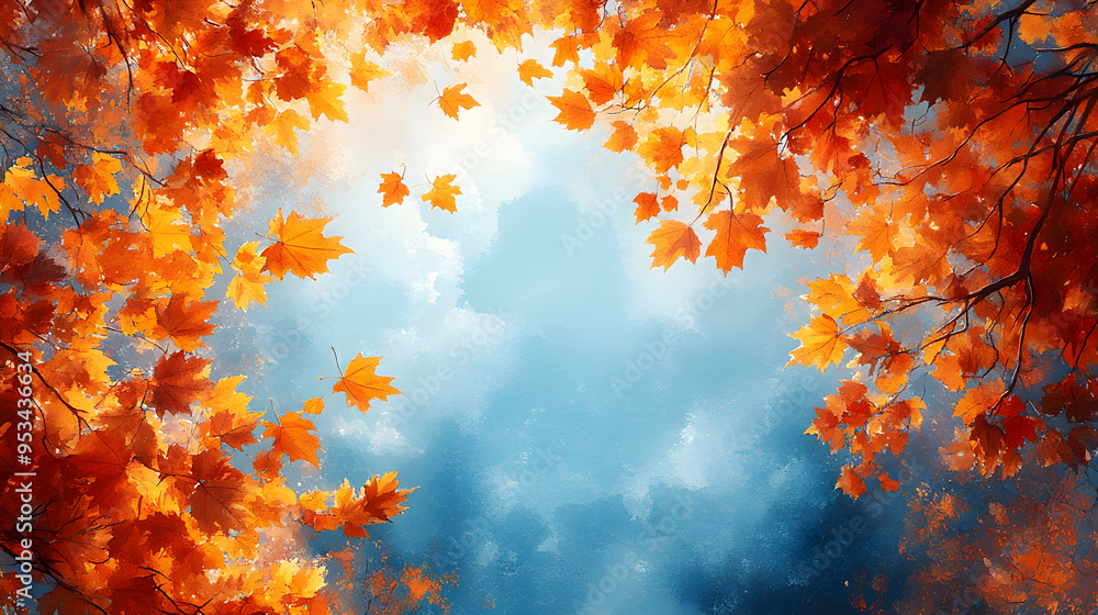 Fototapeta premium Thanksgiving background with vibrant yellow maple leaves, bright blue sky, and sunlight filtering through, watercolor style