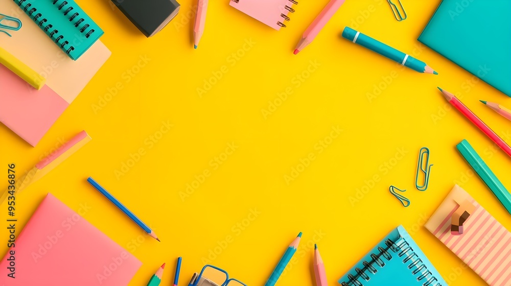 Yellow Background with Colorful School Supplies Yellow Background with Colorful School Supplies
