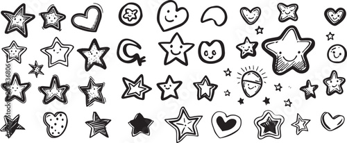 Hand drawn charcoal doodle set stars moons hearts and smileys ideal for kids design sticker icons coloring book pages cute funny trendy decorations for children