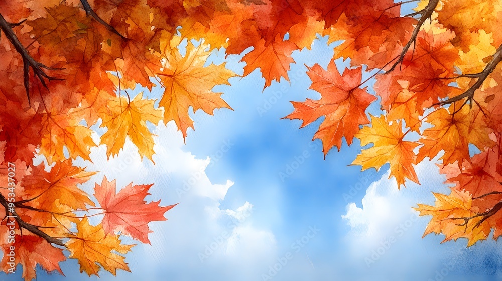 Thanksgiving watercolor image with sunny blue sky and bright yellow maple leaves Thanksgiving watercolor image with sunny blue sky and bright yellow maple leaves