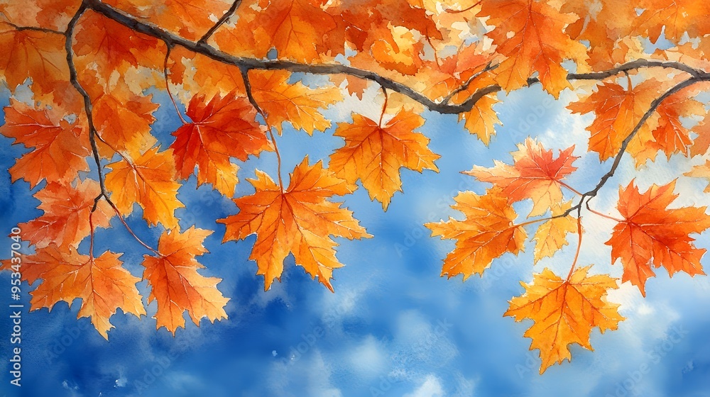 Bright blue sky and vibrant yellow maple leaves with sunlight in a Thanksgiving watercolor setting Bright blue sky and vibrant yellow maple leaves with sunlight in a Thanksgiving watercolor setting