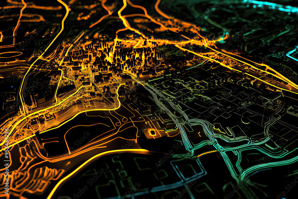 Technical aerial visual, 3D LiDAR GIS aerial map satellite scan model ...