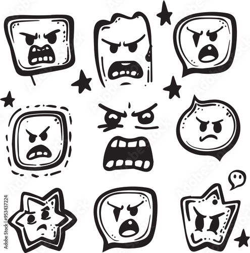 Charcoal Doodle Scribble Set a collection of hand drawn angry cartoon faces showcasing various shapes and emotions including furious outrage stress and bad moods in designs
