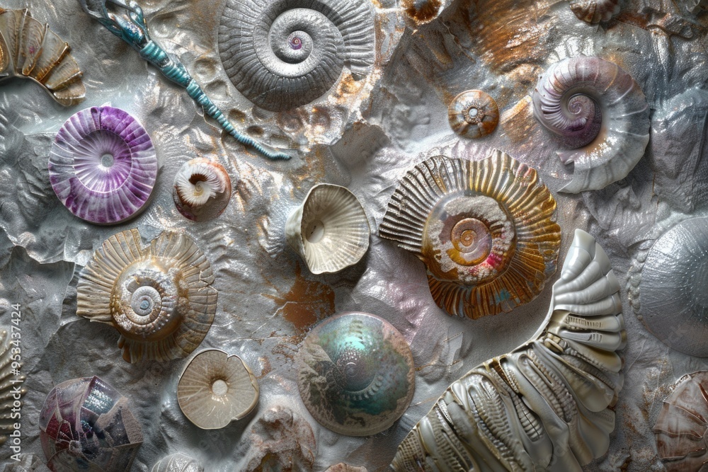Macro photo of shells arranged on a table surface Macro photo of shells arranged on a table surface