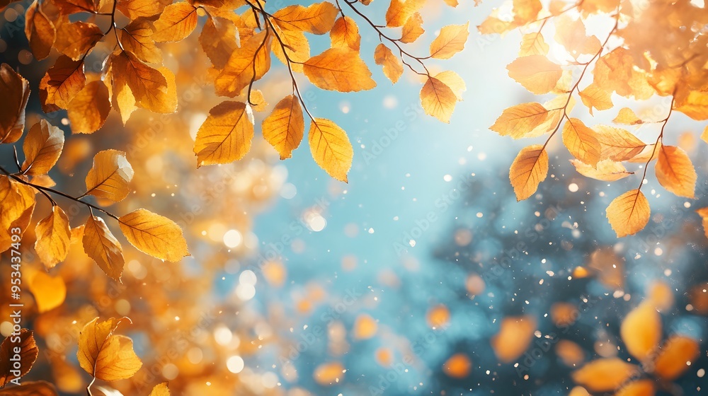 Thanksgiving background with watercolor effect of yellow leaves and a sunny blue sky Thanksgiving background with watercolor effect of yellow leaves and a sunny blue sky