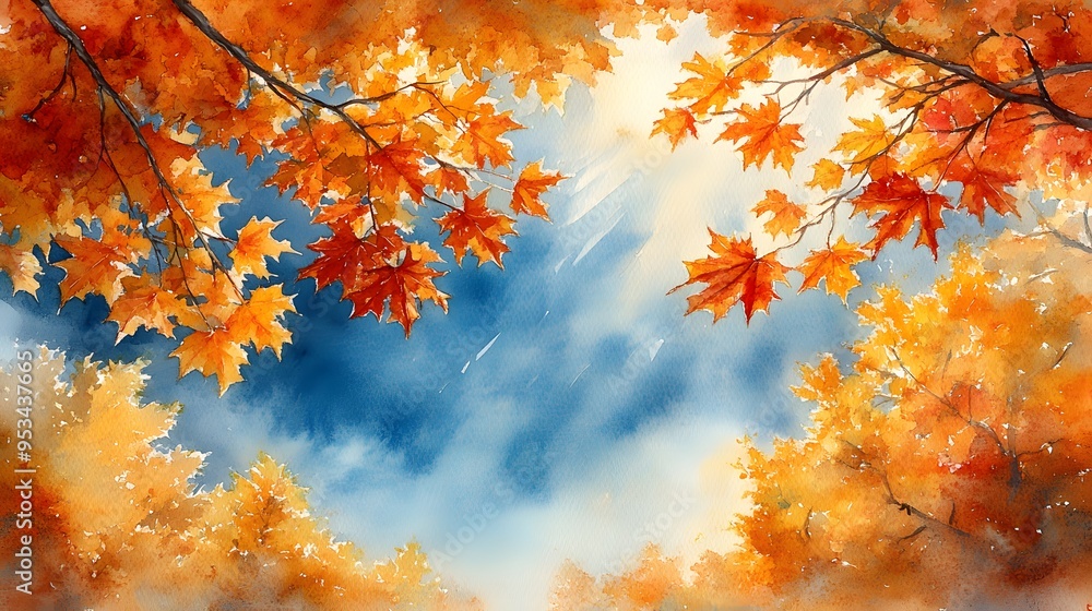 Watercolor scene of Thanksgiving with vibrant yellow maple leaves and a bright blue sky, sunlight included Watercolor scene of Thanksgiving with vibrant yellow maple leaves and a bright blue sky, sunlight included