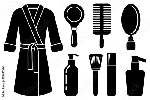 Set of hair accessories Icons: Shampoo Bottle, Razor, Perfume, Hairdryer, Toothbrush, Nail Polish, Bathrobe