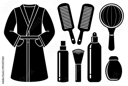 Set of hair accessories Icons: Shampoo Bottle, Razor, Perfume, Hairdryer, Toothbrush, Nail Polish, Bathrobe