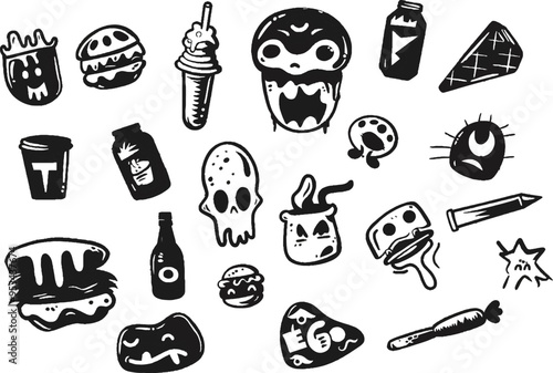 Charcoal doodle scribble hand drawn food and drink spooky cute sticker pack illustration for social media digital marketing blog website design merchandise t shirt print poster clip art set