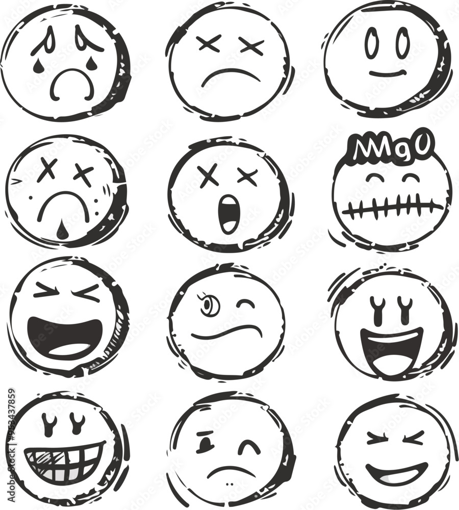 Naklejka premium Charcoal Doodle Scribble Set Hand Drawn Emojis and Reactions in Sketch Style Showcasing Diverse Emotions Like Sad Happy Angry Surprised Confused for Social Media Visual Communication