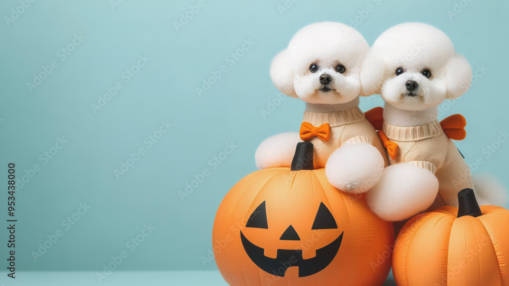 Funny Puppy dog in halloween festival costume on pastel background. Halloween Concept. Funny Puppy dog in halloween festival costume on pastel background. Halloween Concept.